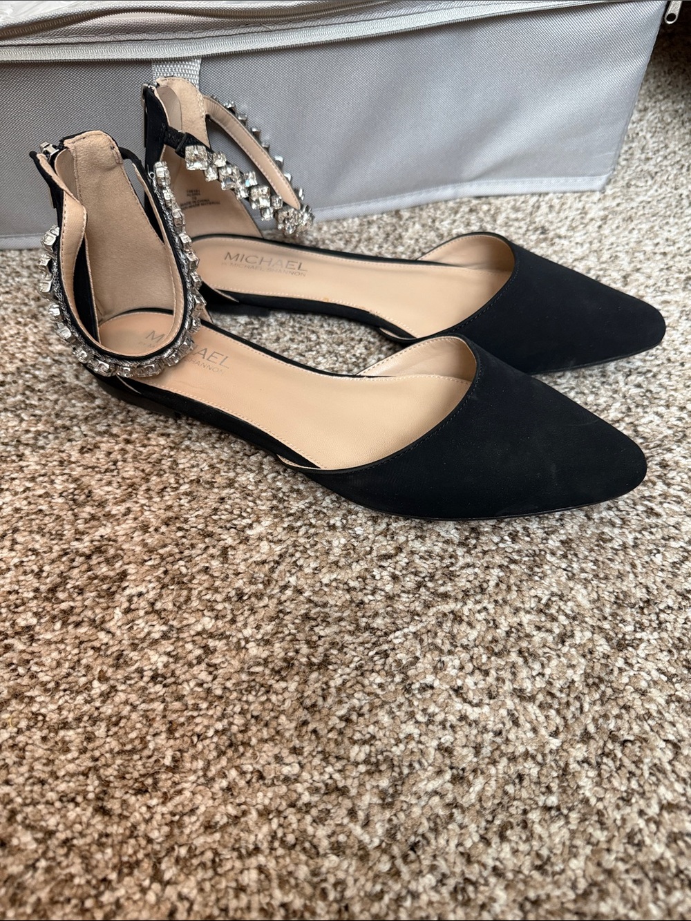 Michael Shannon Black Pointed-Toe Flats with Crystal ankle Trim